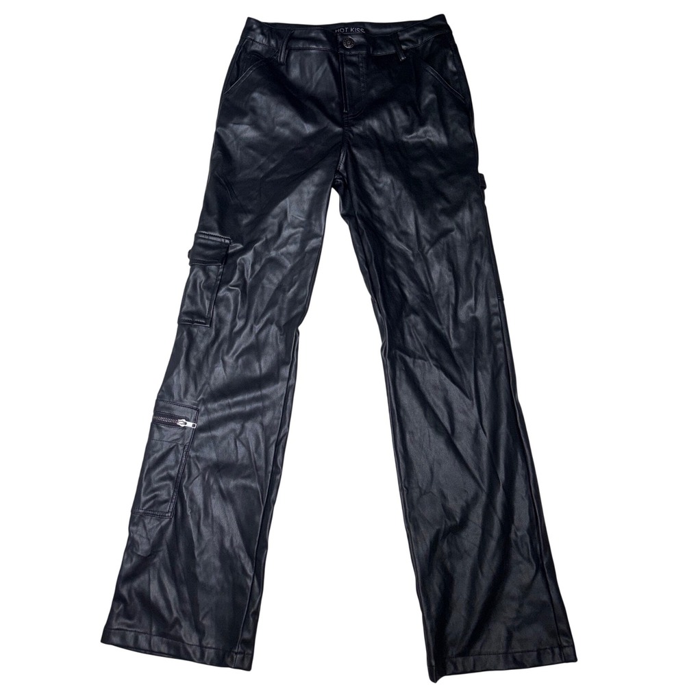 Bikercore Grunge Rock Punk Womens Faux Leather Cargo Pants Black Straight Leg